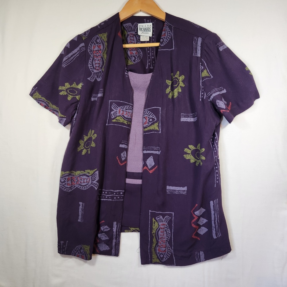 Vintage 90s R&M Richards‎ Petite Purple Fish Sun Tribal Print Layered Blouse 12P